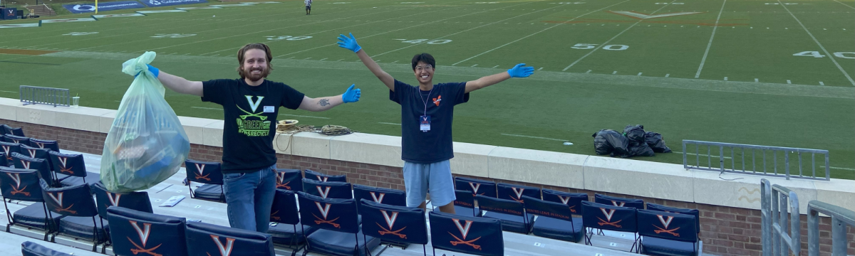 Student Employees Picking Up Trash at Football Stadium expressing "Yay" 