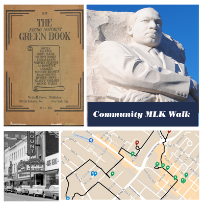 Collage - Green Book cover, Martin Luther King, Jr. statue, Paramount black and white photo, and map of stops