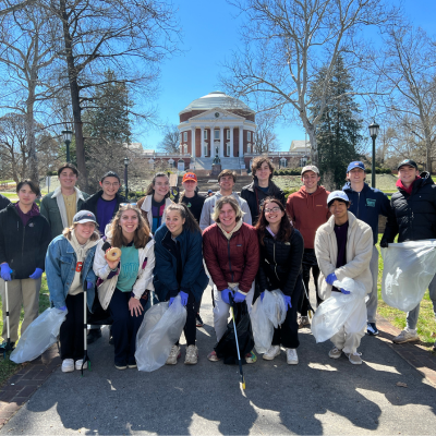 Group of students in front of the UVA Rotunda after a litter clean up