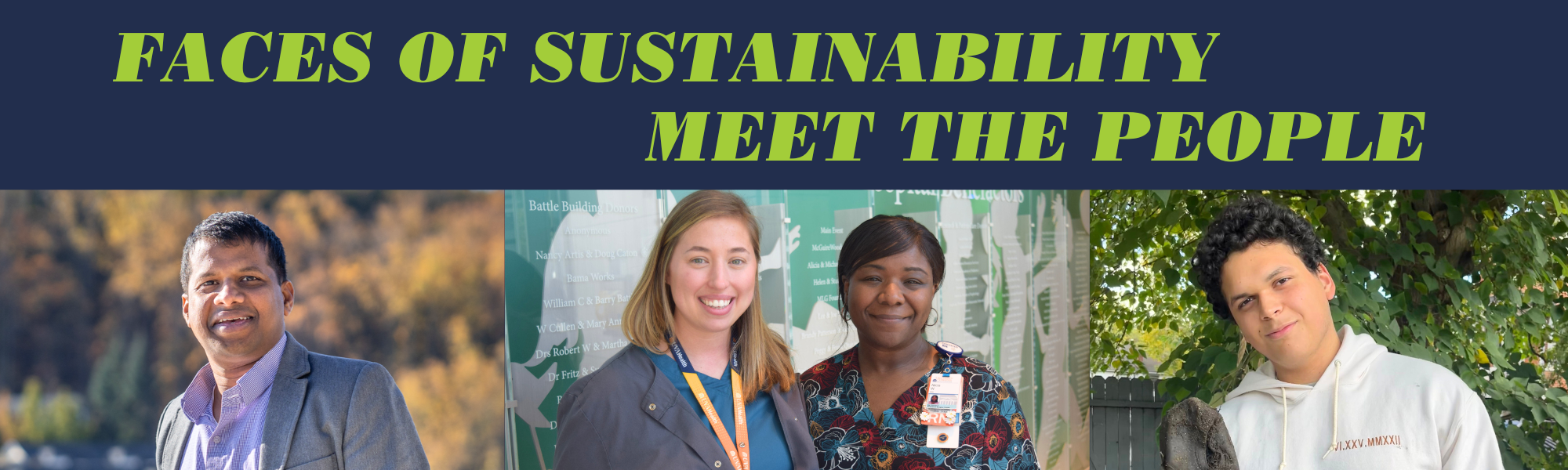 Faces of Sustainability Meet the People Graphic with headshots of 4 people
