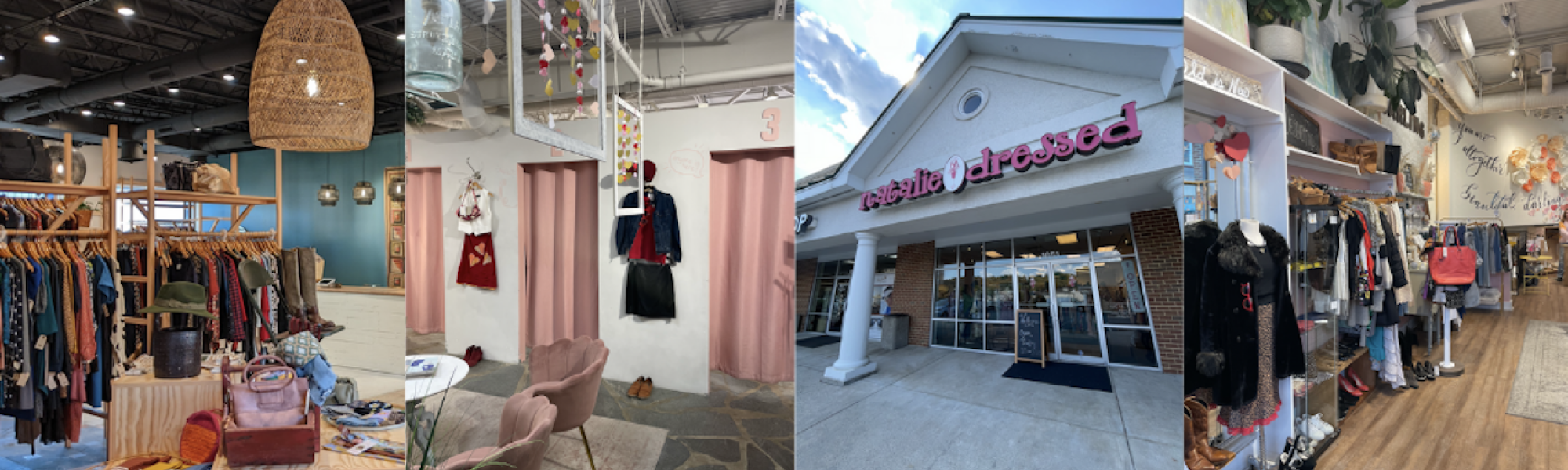 Collage of 4 different thrift stores in Charlottesville. 