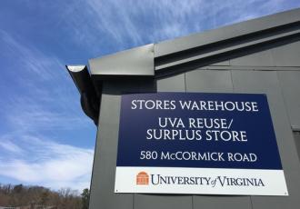 Image of the ReUse Store Sign that says 'Stores Warehouse UVA ReUse/Surplus Store 580 McCormick Road' 