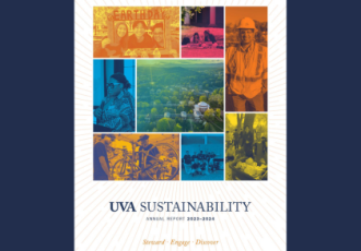 UVA Annual Report 2023-2024 Cover showing a grid of various people -- students, faculty, staff - taking action. It also shows a bike repair and also composting efforts and an overhead shot of UVA Grounds