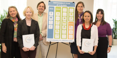 Group photo of six people smiling in front of first UVA Sustainability Plan