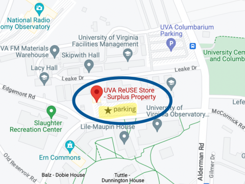 Shown is a map of UVA Grounds with a circle over the UVA ReUSE Store
