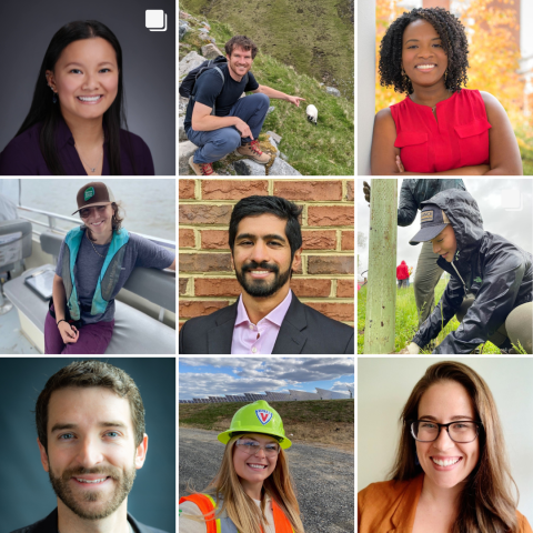A photo of nine young professionals shown smiling - headshots, action shots onsite at solar fields, boats, and in nature