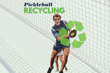 Pickleball player swinging with recycling symbol shown around the pickleball