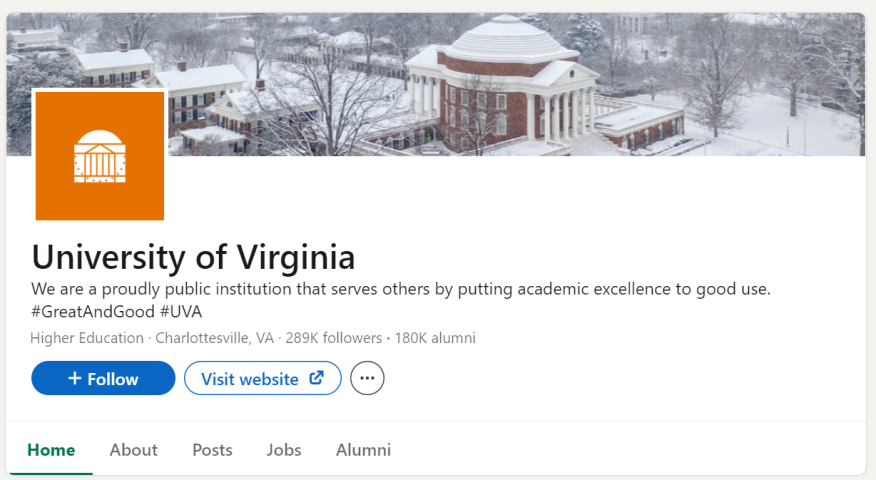 Screenshot of the University of Virginia's LinkedIn page. 